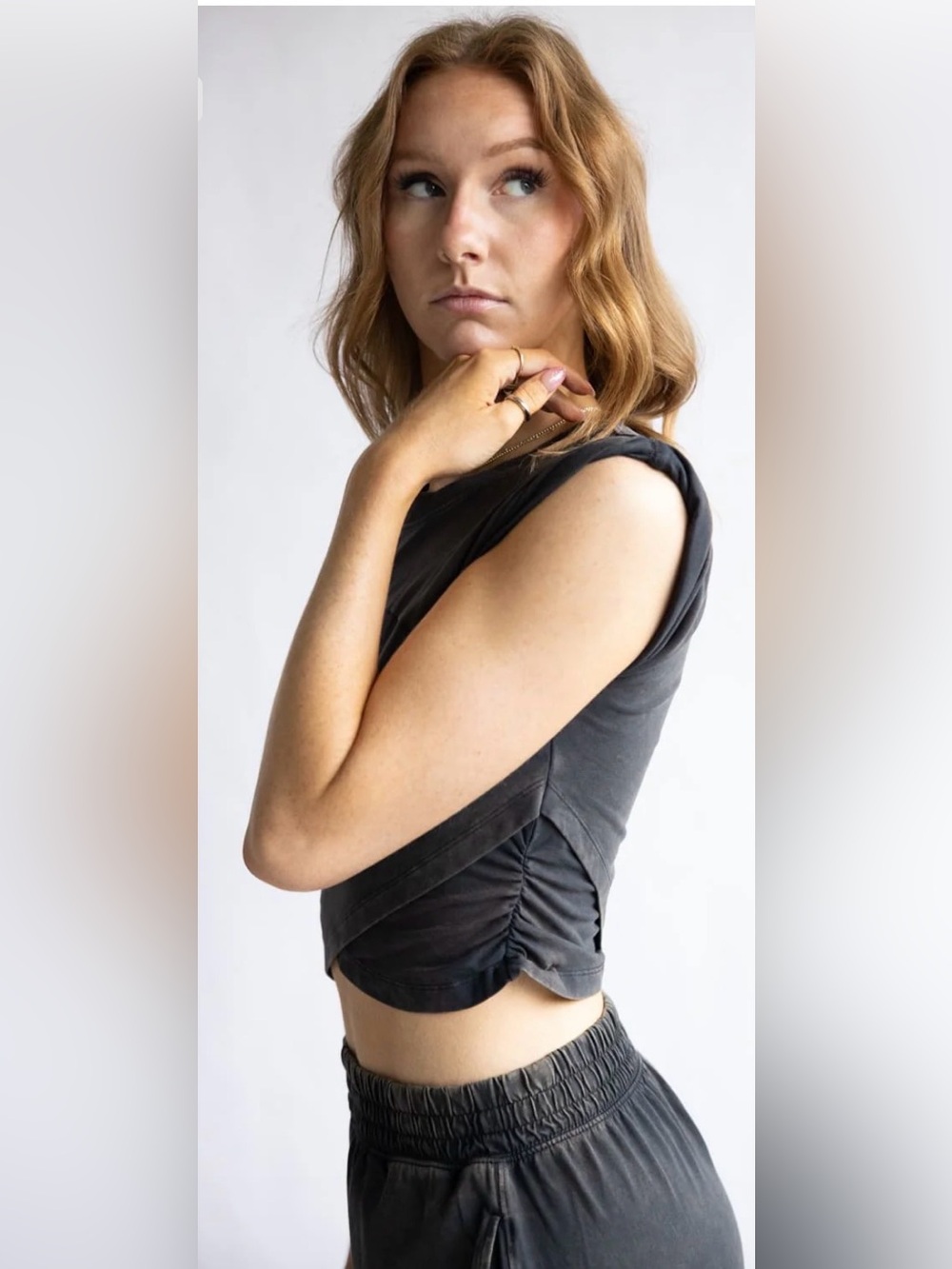 FP Movement Hot Shot Crossover Top in Washed Black - Ruched Side Crop Muscle Tee - Picture 3 of 12